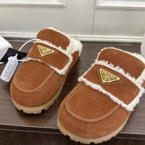 Prada Tan Suede Slippers with Gold Details